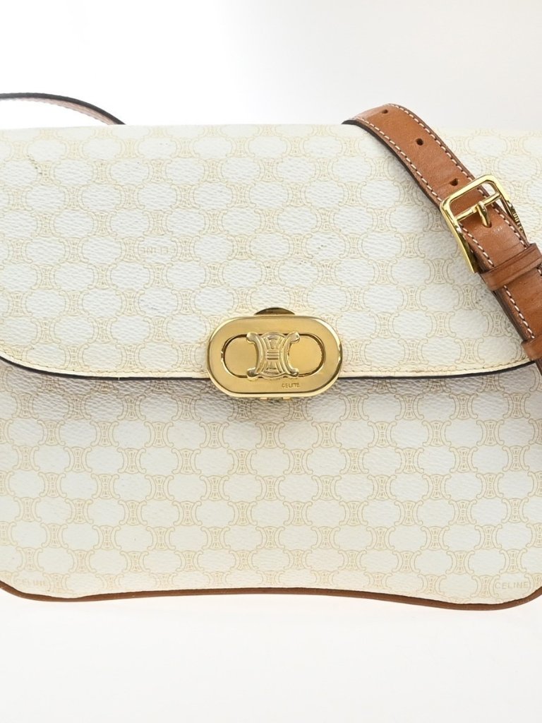 Celine Macadam Pattern Crossbody Shoulder Bag Pvc Leather White Brown 87kc778
